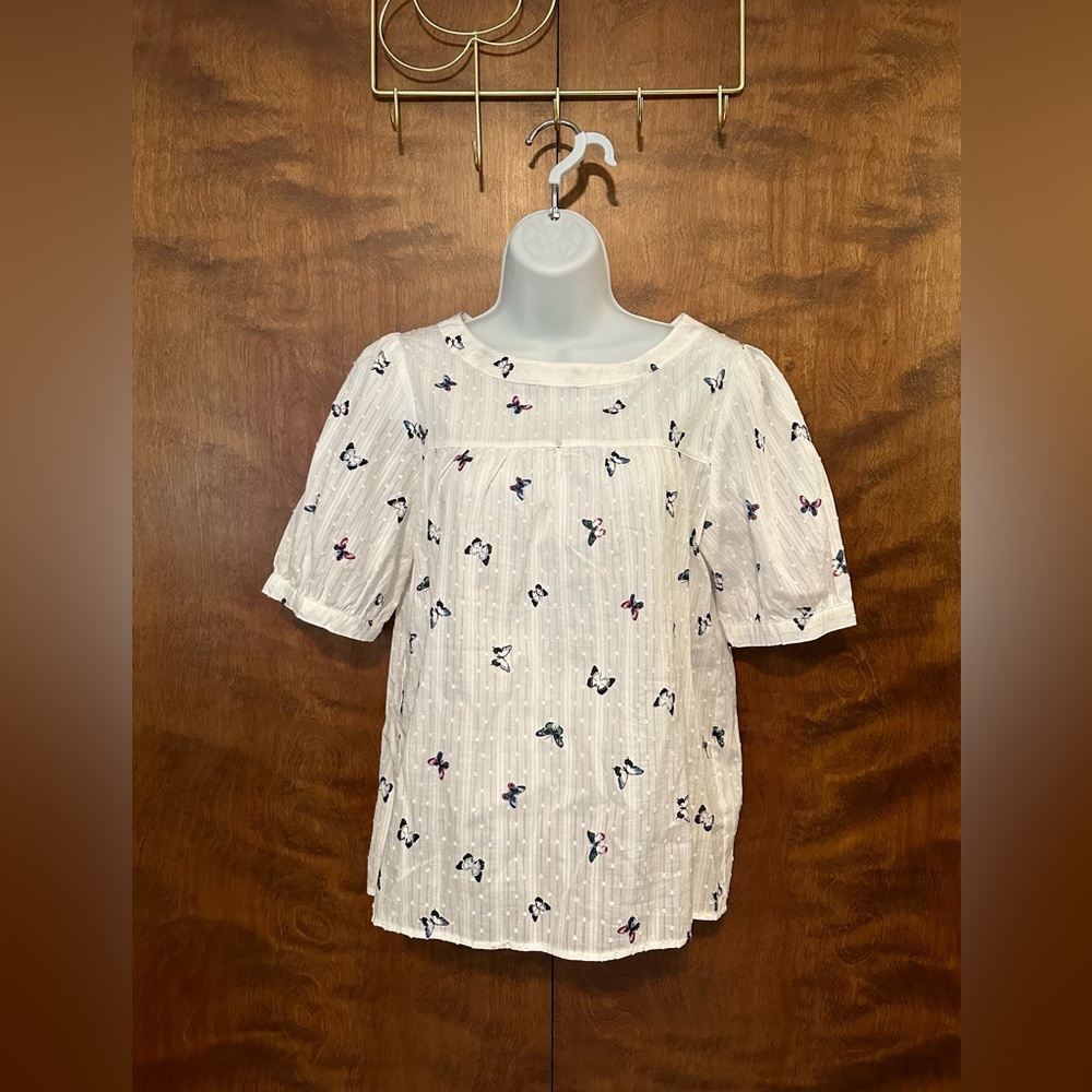 Jane & Delancey Short Puff Sleeve Butterfly Print Blouse Womens S White Cotton
